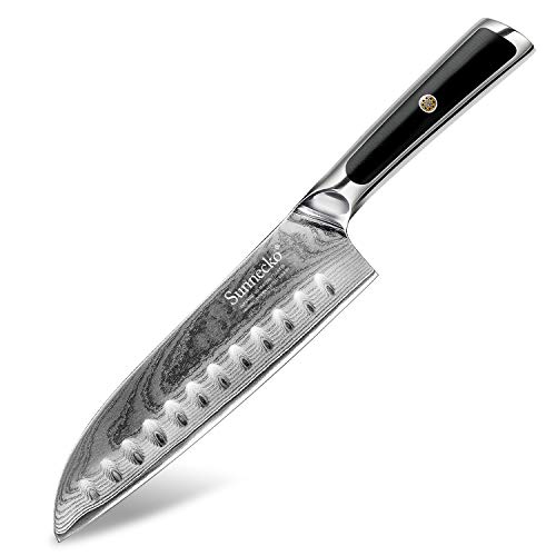 Santoku Cuchillo 18cm - Sunnecko Cuchillos de Cocina Japoneses Damasco Multifuncional para Sashimi o Vegetales