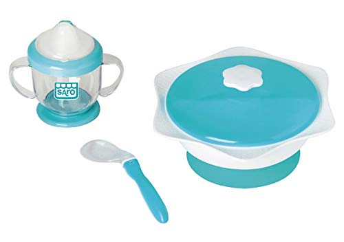 SARO – Divertida vajilla “Cover & Co” diseñada para transportar los alimentos de tu bebé. Tiene dos platos con tapa y ventosas para adherir a la mesa, cuchara y taza antigoteo