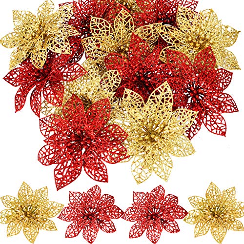 SATINIOR 30 Piezas de Poinsettia Brillante de Navidad Flor Artificial de Boda para Decoración de Árbol de Navidad Guirnalda de Flor