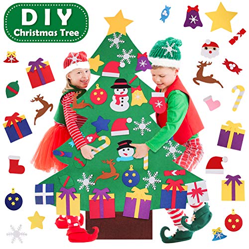 Satkago-es Juego de árbol de Navidad de Fieltro DIY, árbol de 120 cm con 36 Piezas de Adornos Desmontables Año Nuevo para niños Decoración de Pared Colgante de Puerta