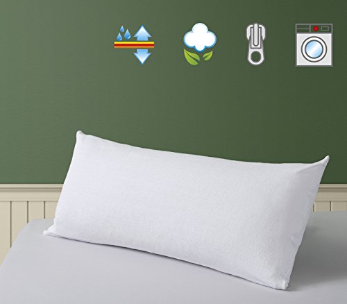 SAVEL - Funda de Almohada Impermeable con Cremallera | 40 x 135 cm | Protector de Almohada con Tejido de Rizo 100% Algodónn Transpirable Barrera PU Resistente al Agua y Antiácaros