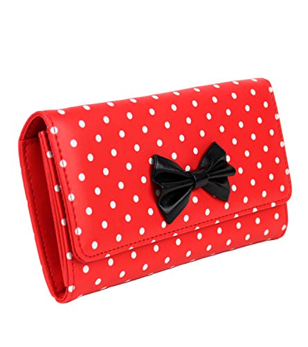 Schompi Billetera Vintage Para Mujer, Patrón De Lunares, Lazo Decorativo, Cuero Sintético, Color:Rojo