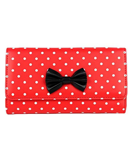 Schompi Billetera Vintage Para Mujer, Patrón De Lunares, Lazo Decorativo, Cuero Sintético, Color:Rojo