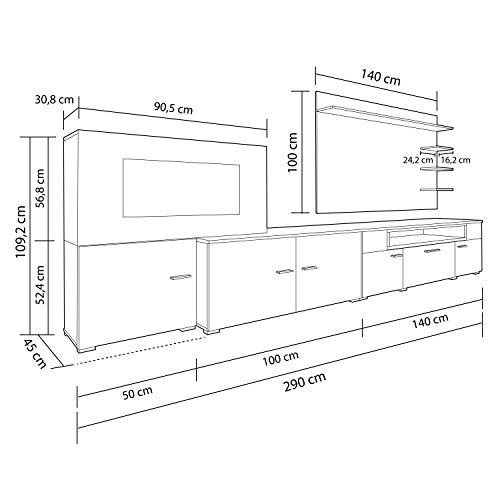 SelectionHome - Mueble salón comedor con chimenea eléctrica, acabado Blanco Mate y Blanco Brillo Lacado, medidas: 290 x 170 x 45 cm de fondo
