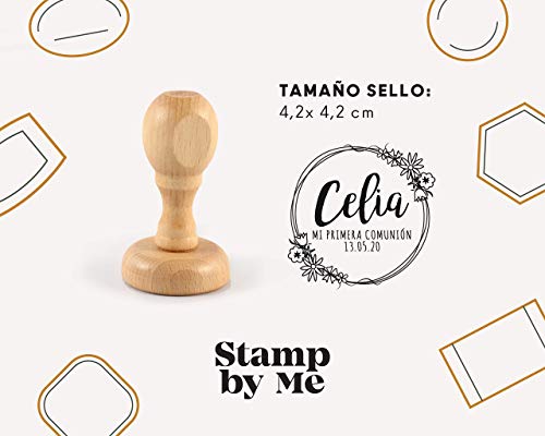 Sello Comunion Personalizado, Sello de Madera con tampón de tinta, Sellos Personalizados Comunion| Corona Flores