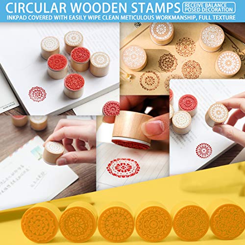 Sellos De Madera Wisoven, Sellos De Regalo Artesanales Vintage Florales Redondos, Con 6 Sellos y 1 Tampón De Tmpresión, Utilizados Para Hacer Tarjetas y Juegos De Entretenimiento Para Niños