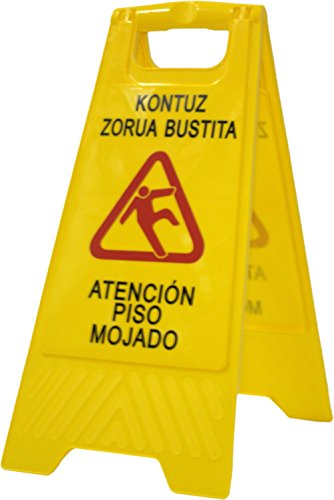 Señal aviso"Atención suelo mojado - Kontuz zorua bustita". En euskera - vasco y castellano. Alta visibilidad para evitar accidentes