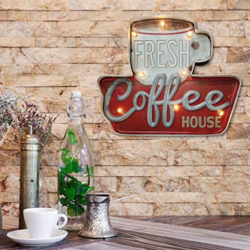 Señales luminosas Lámpara de Cafetería FSVEYL,Estilo Industrial Antiguo Con Artesanía de Pintura de Hierro,Apto Para Decoración de Paredes en Bares,Casas, Cocinas,AlimentadoPor Baterías (Fresh coffee)