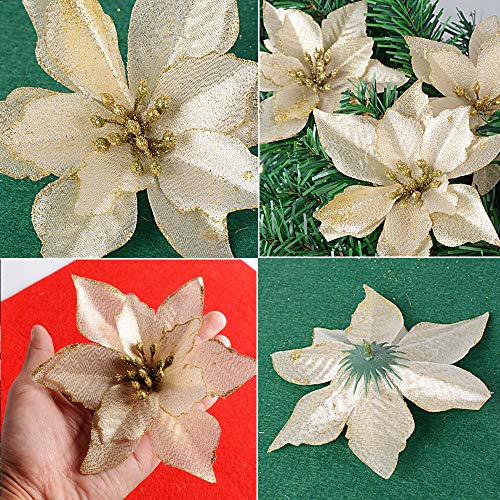 SERWOO 24pcs Flores Artificiales Decoraciones Árbol Navidad Boda Fiesta DIY Color Dorado (Diámetro 15 cm)