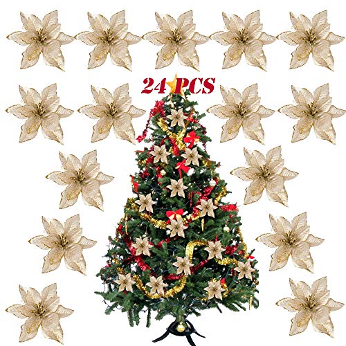 SERWOO 24pcs Flores Artificiales Decoraciones Árbol Navidad Boda Fiesta DIY Color Dorado (Diámetro 15 cm)