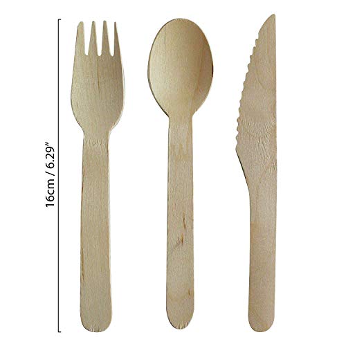 Set Cubertería de madera 150 Piezas - Tenedores (50), Cucharas (50) y Cuchillos (50) - Alternativa para el Plástico - Ecológica Vajilla de Viajes para Fiestas, Bodas y Cenas, Picnics, Escuela