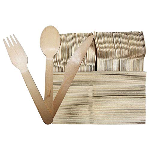 Set Cubertería de madera 150 Piezas - Tenedores (50), Cucharas (50) y Cuchillos (50) - Alternativa para el Plástico - Ecológica Vajilla de Viajes para Fiestas, Bodas y Cenas, Picnics, Escuela