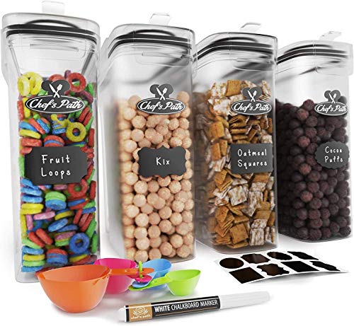 Set de Cajas de Almacenaje para Cereales y Harina - Tapers para Comida Herméticos, 8 Etiquetas, Set de Cucharas Medidoras y Bolígrafo - Dispensador de Cereales sin BPA (4L) - Chef's Path (4u)