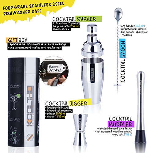 Set de Coctelería con Coctelera Profesional y Accesorios de Acero Inoxidable para Cócteles. Personaliza la Caja del Kit Cóctel. ¡Tu Regalo Original para un Hombre o una Mujer!