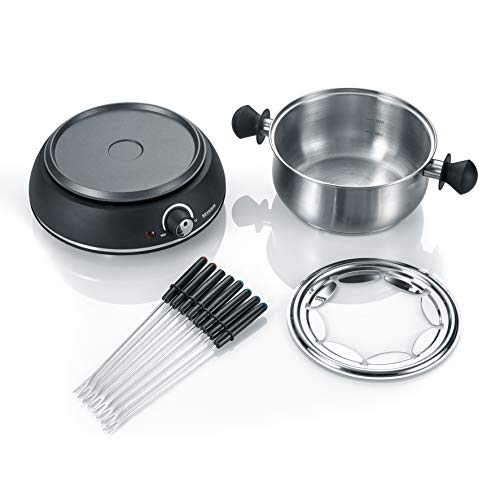 SEVERIN FO 2405 Fondue con Cacerola de Acero Inoxidable extraíble, Cable de alimentación XXL, 1.500 W, Incluye dispositivo antisalpicaduras y 8 Tenedores de Fondue, 1500 W, 1,3 litros, Negro