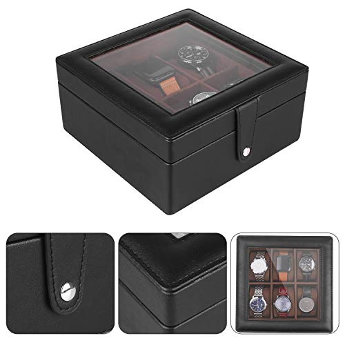 SHYOSUCCE Caja de Relojes con 6 Compartimentos,Tapa de Cristal, Forro de Terciopelo, Organizador de Relojes Negro(19,5x19,5x9,5 cm)