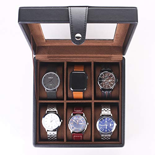 SHYOSUCCE Caja de Relojes con 6 Compartimentos,Tapa de Cristal, Forro de Terciopelo, Organizador de Relojes Negro(19,5x19,5x9,5 cm)