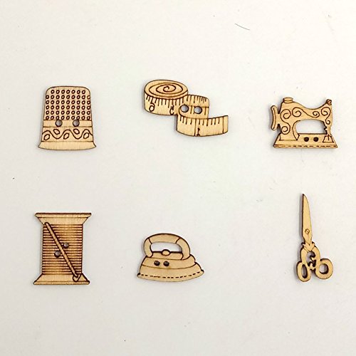 Shyymaoyi - Botones de madera hechos a mano, con 2 agujeros, diseño de herramientas de costura, para costura, álbumes de recortes, decoración de manualidades, 50 unidades, madera, Varios Colores
