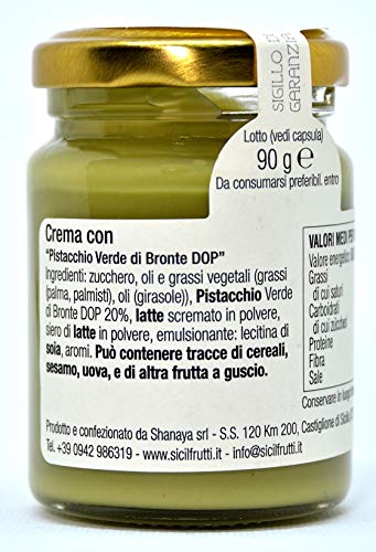 SICILFRUTTI CREMA DE PISTACHO DOP de Sicilia 90 Gr, Crema de frutos secos pistachios, crema pistacho dulce y esparcible, pistacho Bronte, para rellenar pasteles y para el desayuno.100% Made in Italy