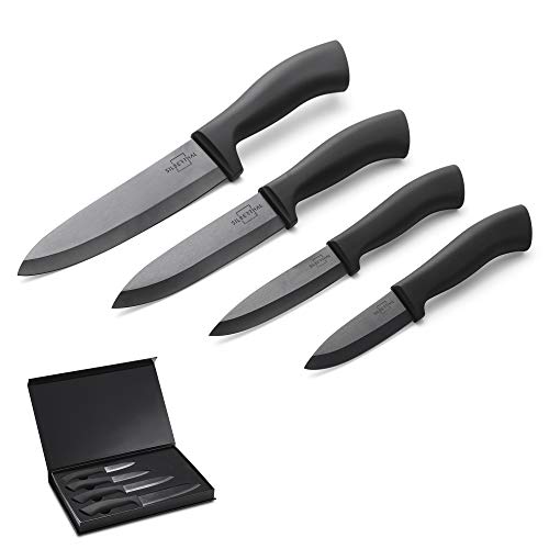 SILBERTHAL Cuchillos de Cerámica Cocina | Set cuchillos de cocina de cerámica | Juego 4 cuchillos cerámicos | Negro
