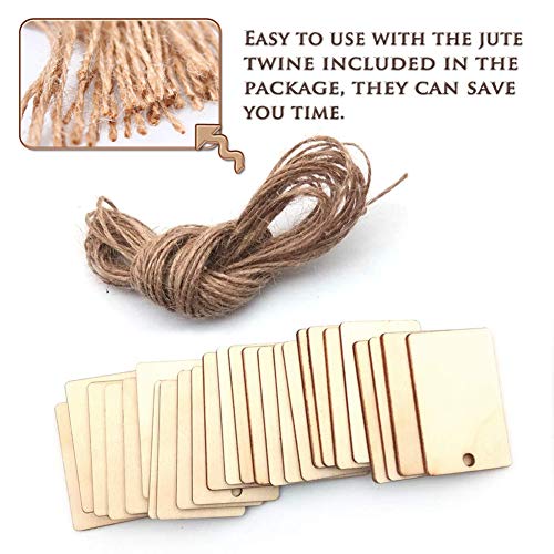 SIMUER 100pcs Etiquetas decorativas de madera artesanal en forma rectangular de madera diseño con cuerda decoración