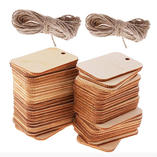 SIMUER 100pcs Etiquetas decorativas de madera artesanal en forma rectangular de madera diseño con cuerda decoración