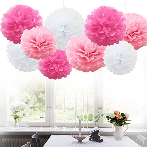 Simuer - Juego de 12 pompones colgantes para decoración de bodas, cumpleaños, fiestas, color blanco, rosa, rosa claro y rojo rosa), 20,3 cm