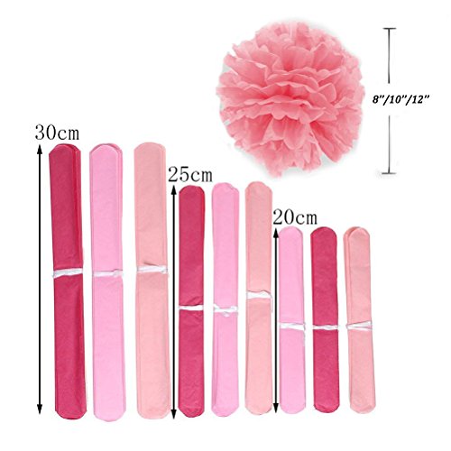 Simuer - Juego de 12 pompones colgantes para decoración de bodas, cumpleaños, fiestas, color blanco, rosa, rosa claro y rojo rosa), 20,3 cm