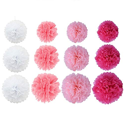 Simuer - Juego de 12 pompones colgantes para decoración de bodas, cumpleaños, fiestas, color blanco, rosa, rosa claro y rojo rosa), 20,3 cm
