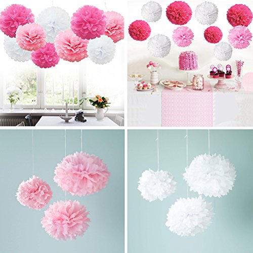 Simuer - Juego de 12 pompones colgantes para decoración de bodas, cumpleaños, fiestas, color blanco, rosa, rosa claro y rojo rosa), 20,3 cm