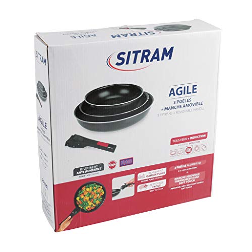 Sitram Set De 3 Sartenes con Mango Removible, Negro