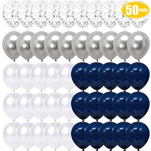 SKYIOL Globos 50 Piezas 30 cm Azul Blanco Plata Metalizado Confeti Helio Globo de Látex como Fiesta Celebración Decoraciones para Niños Cumpleaños Boda Baby Showers Graduación Día de San, Set 3