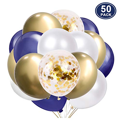 SKYIOL Globos Helio Azul Blanco Oro 50 Piezas 30 cm Metalizado Confeti Globo para Niños Unisex Decoración de Fiesta Celebración Cumpleaños Boda Bebé Bautizo Día de San Valentín Navidad, Set 4
