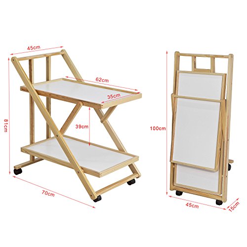 SoBuy FKW52-WN,Camarera Plegable para Bebidas,con 2 Bandejas y 4 Ruedas,ES