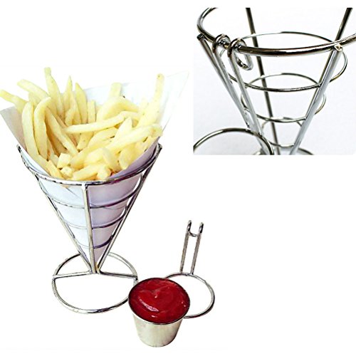 SODIAL Cono Snack Pollo Frito Estante De Exhibición Papas Fritas Alimentos Soporte del Soporte Patatas Fritas Cono Cesta De Alambre De Metal con Salsa Cucharas
