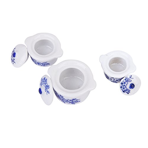 SODIAL(R) Juego de 3 piezas Olla de sopa miniatura de casa de munecas Dispositivo de porcelana de patron de arandano de cocina