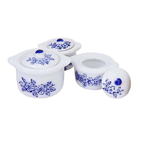 SODIAL(R) Juego de 3 piezas Olla de sopa miniatura de casa de munecas Dispositivo de porcelana de patron de arandano de cocina