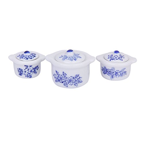 SODIAL(R) Juego de 3 piezas Olla de sopa miniatura de casa de munecas Dispositivo de porcelana de patron de arandano de cocina