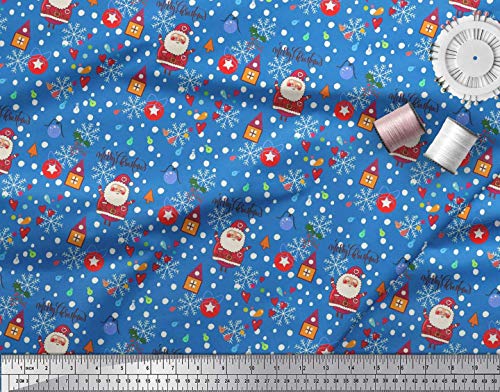 Soimoi Azul saten de seda Tela corazón, santa y chucherías Navidad estampada de tela por metro 42 Pulgadas de ancho