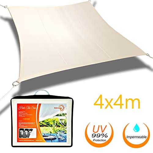 Solennoire, Vela De Sombra | Toldo Suspendido Impermeable | Lona 100% Poliéster | Sombreado 98% - Protección UV 99% | Cuerdas de Fijación & Anillos de Acero Inoxidable | Color Beige  (4x4m, Beige)