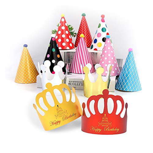 Sombreros de Papel del Fiesta de Cumpleaños, Gorros Forma Cónica con Poms, Tapa de Corona de Varios Color y Tamaños Para Los Cabritos y Los Adultos, Favores de la Fiesta