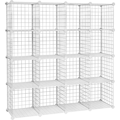SONGMICS Armario Modular de Alambre metálico con 16 Cubos, Montaje en Bricolaje, Aramario de Almacenamiento, Estantería modulable, Estantería de Malla de Alambre, Blanco LPI44W