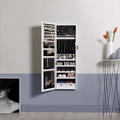 SONGMICS Armario para Joyas, Gabinete con Cerradura de Pared, Organizador de Almacenamiento para Pendiente Collar, con Espejo y Varios Compartimentos, Blanco JBC93W