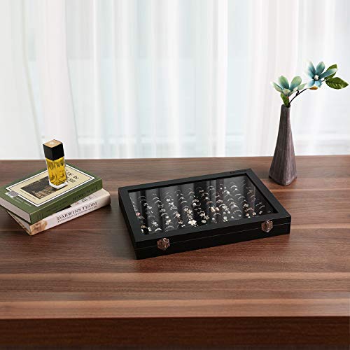 SONGMICS Bandeja para anillos, Cajón de Joyería con Tapa en Negro, con Terciopelo y Cristal, cajón para 100 anillos, Vitrina para anillos, con Imitación de Cuero, JDS301
