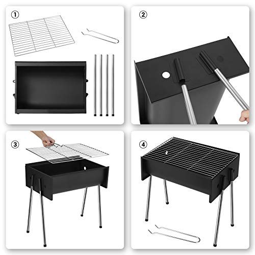 SONGMICS Barbacoa de Carbón, Barbacoa Portátil de Hierro Pintado con Spray, Parrilla Cromada, Parrilla de Barbacoa para Camping, Negro GBQ44BK