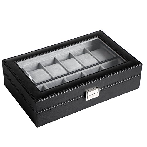 SONGMICS Caja para Relojes, Estuche para Relojes, Organizador de Relojes, Compartimentos Grandes, Forro de Terciopelo, Tapa de Vidrio, Regalo, Negro JWB14BK