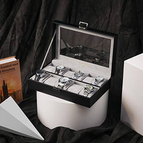 SONGMICS Caja para Relojes, Estuche para Relojes, Organizador de Relojes, Compartimentos Grandes, Forro de Terciopelo, Tapa de Vidrio, Regalo, Negro JWB14BK