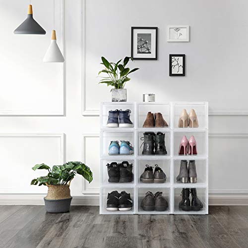 SONGMICS Cajas de Zapatos Apilables, Plástica, Rígida, Ahorro de Espacio, Fácil Montaje, 28 x 36 x 22 cm, para Zapatos hasta la Talla 46, Juego de 6, Transparente LSP06TP