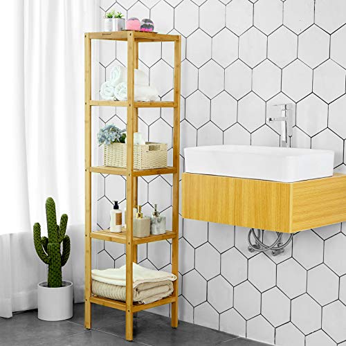 SONGMICS Estante de Baño, de Bambú, de 5 Niveles, Estante de Cocina de Pie, para Espacios Estrechos, Sala, Dormitorio, Vestíbulo, 33 x 33 x 146 cm BCB55Y
