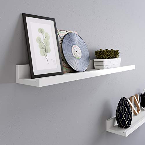 SONGMICS Juego de 2 Estantes de Pared, 2 Estantes Flotantes con Acabado Brillante, 60 x 10 cm, para Marcos de Foto y Libros, Blanco LWS60WT